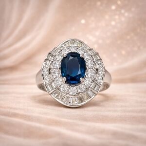Natural Blue Sapphire & Diamond Statement Ring – 18K White Gold Brand New
